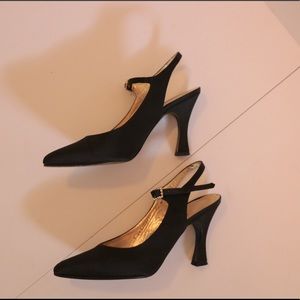 Allure Black Satin Pumps w/ jeweled accent